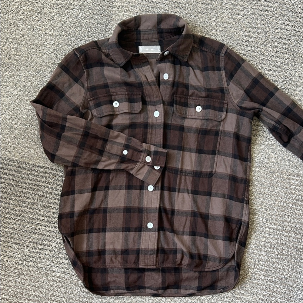 Everlane Brown and Black Plaid Button-Up Shirt Jacket